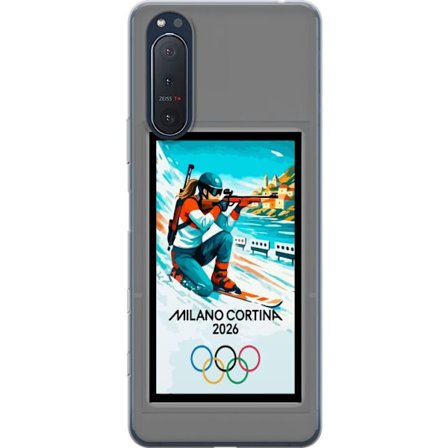 Kompatibel Mobilcover til Sony Xperia 5 II Retroplakat Cortina Milano 2026 med bjerge, vintersportsudøvere, italiensk trikolor, Milano-katedralen og o