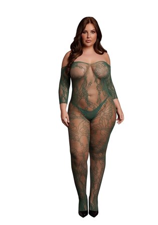 Shots: Grøn, Langærmet Bodystocking med Blonder - Plus size - Vuxen.dk: Lingeri & undertøj