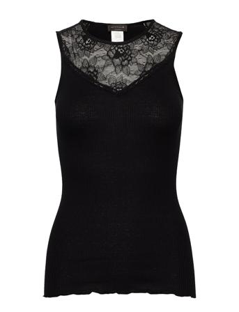Silk Top Regular W/Lace Top Ærmeløs Top Sort Rosemunde