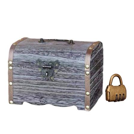 Retro puinen kolikko säästöpossu Vintage säilytyslaatikko lukolla Aarrearkku Korut Rannekoru Helmi Sormus Organizer case -L/M/S
