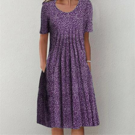 Kvinnor Kortärmad Summer Beach Sundress Crew Neck Midi-klänning