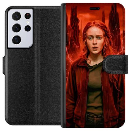 Kompatibelt Plånboksfodral till Samsung Samsung Galaxy S21 Ultra 5G Porträtt av en ung kvinna med rött hår i en apokalyptisk landskap, röda blixt