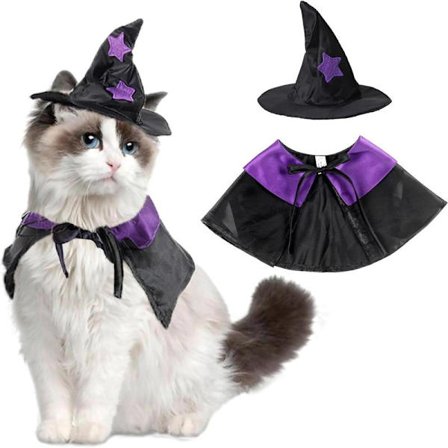 Kæledyrskostume, katte troldmandskappe og hat, hunde sjovt rollespilskappe med hættesæt til