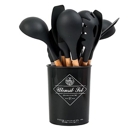 Silikon Køkkenredskabsæt 11 stk Naturlige Akacietræ Køkkenredskaber Silikon Køkkenredskabsæt Madlavningsredskabsæt (Sort)