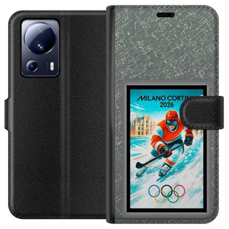 Yhteensopiva Lompakkokotelo Xiaomi 13 Lite Curlingkuvitus pelaajilla ja kivillä jäällä, Milano Cortina 2026, lumisia roiskeita ja olympiasormukset
