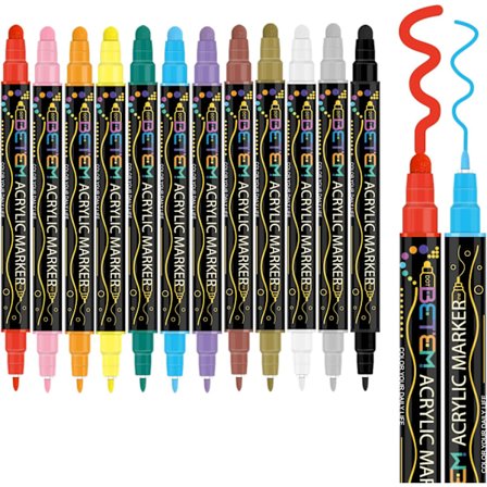 Betem 12 Färger Akrylfärgspennor med Dubbla Spetsar, Premium Akrylfärgspennor för Trä, Canvas, Sten, Målning på Stenar, Glas, Keramik