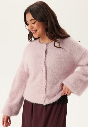 Bubbleroom - Fluffy Knitted Pearl Cardigan - Light pink - Kläder