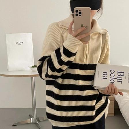 Dam flickor Stickad tröja Vintage Stripe Loose Halv Zip Turtleneck Leisure Pullover Beige M