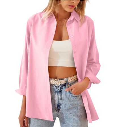 Kvinners bomulls skjorte med lange ermer og knappestolpe i ensfarget design