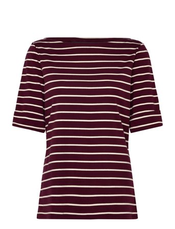 Lauren Ralph Lauren Striped Stretch Cotton Boatneck Tee - Burgundy - XL