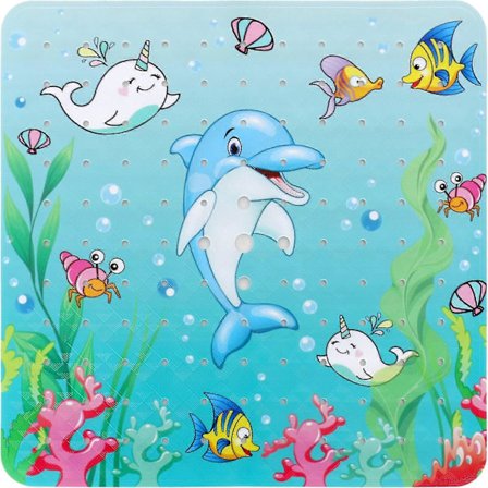 Neliönmuotoiset suihkumatot, liukueste ja homeenesto, 53 x 53 cm, sarjakuvakuvioinen kumimatto viemärireijällä