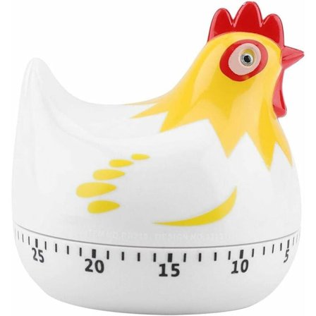 Hvit kjøkkenklokke i tegneseriestil formet som en høne,