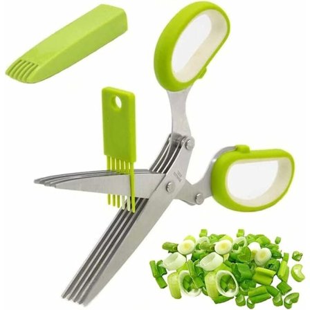 5-bladiga stålsaxar, rostfria örtsaxar, 5-bladiga saxar, för strimling av grönsaker, papper, koriander (1 rengöringskam och 1 saxskydd)