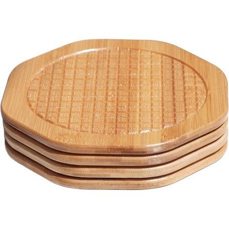 Bambus bordskånersæt med 4, 7,5 tommer ottekantede varmebestandige coasters til varme gryder og pander, køkkenbord og bordpladebeskyttere