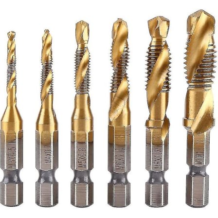 Tappesett, 6 deler metrisk M3-m10 gjenger Titanbelagt bor og ståltappeborsett 1/4" sekskant skaft Hy
