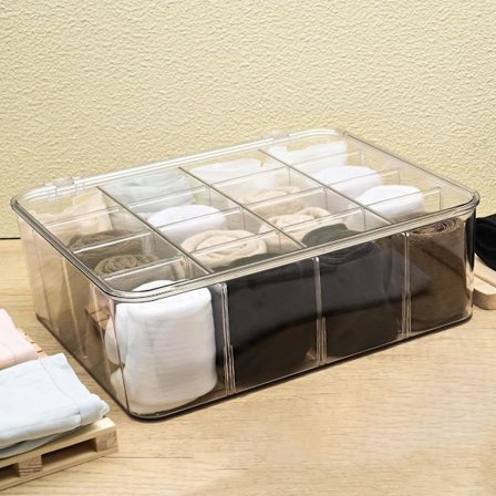 Skuffeorganisator for sokker, BH-er og undertøy, egnet for garderober, laget av plast, slips, belter og andre gjenstander, transparent