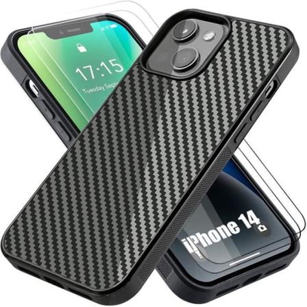 Fodral och 2 härdade glasögon för iPhone 14 (6,1") Soft Carbon Fiber Cover Svart Svart