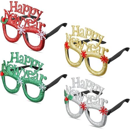 4 stycken Nyårs- och Julglitterfestglasögon, Gott Nytt År-glasögon, Nyårsfestglasögon, Roliga Ögonbryn Fotorekvisita