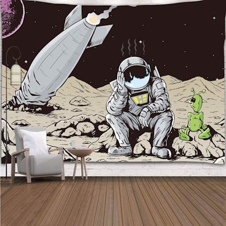 200x150cm Trippy Astronaut Gobelin, Raket Styrtede på Alien Planet
