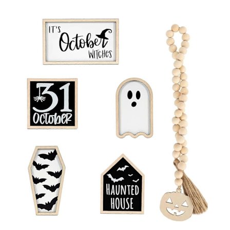 6 stk. Halloween Ornamenter Spøgelse Flagermus Græskar Tiered Bakke Dekor Træ Bordplade Midterstykke til Hjem Hylde Halloween Dekor