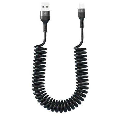 USB A til USB-C Spiralkabel 5A Hurtiglading 1,5m Sort