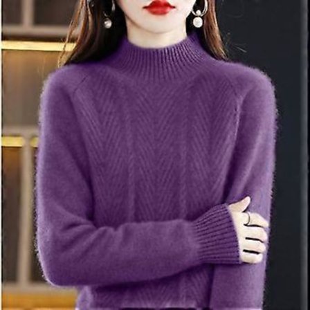 Ren Cashmere Sweater Pullover Dame Efterår og Vinter Halvhøj Krave Ensfarvet Casual Langærmet Strikket Bundtrøje Top (S lilla)