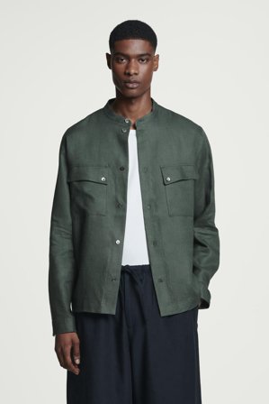 COS Men's Grandad Collar Linen Overshirt in Green