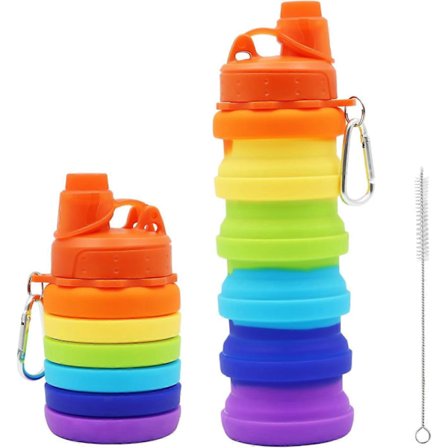 Vattenflaska i silikon, hopfällbar, vikbar vattenflaska i silikon, portabel flaska (500 ml, regnbåge)