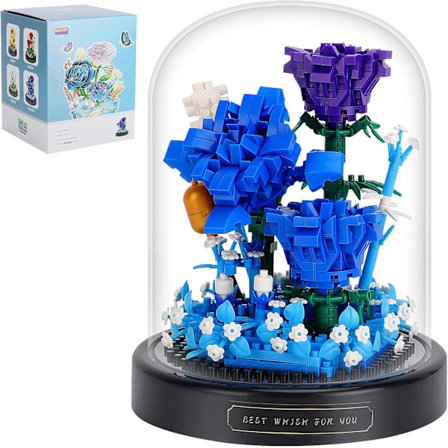 Blomsterbukett Byggesett, Blomster Botanisk Samling, 630 stk Mini Klosser Blå Rose Byggeklosser med Støvdeksel, Bygging