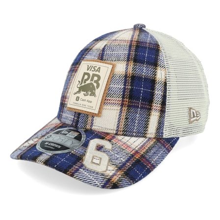 New Era - Motor Blauw trucker Cap - RB F1 25 Austin Hadjar 9FORTY M Crown Navy Plaid/Stone Trucker @ Hatstore