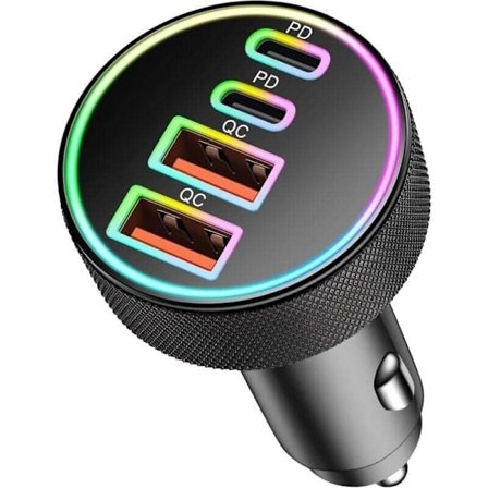 90W USB C Billaddare, 4-Port Dubbel 45W USB-C/A, PD/QC 12V Uttag Snabbladdare