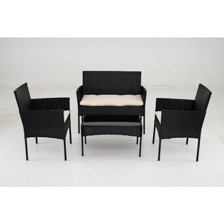 COSTWAY 4-osainen Rottinkinen PE-pöytä ja 2 puutarhatuolia, 2-hengen sohva, ulkokalusteet vaaleilla tyynyillä