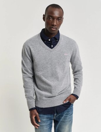 GANT Extrafine Lambswool V-Neck A/S - Grey - XXXL