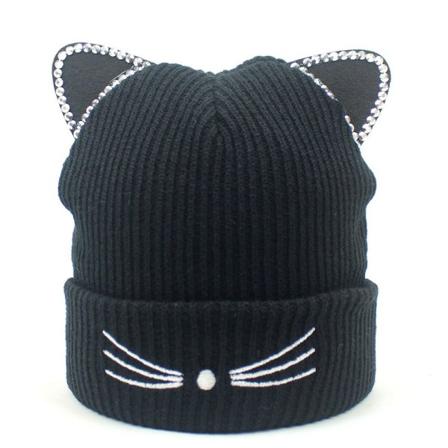 Stickad Cat Skullies Mössa Varm Kvinna Cap SVART black