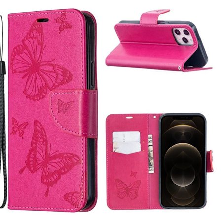 Butterfly läder iPhone 12 Pro Max fodral - Rosa