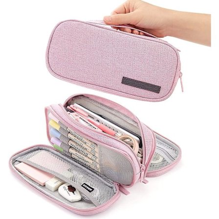 Pencil Case Big Capacity Handheld 3 Compartments Pencil Pouch Portable Large Storage Canvas Pencil Bag For Students Business Office(pink)