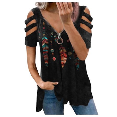 Dam sommartoppar V-ringad dragkedja Cool T-shirt Axelbandslös kortärmad lös blus