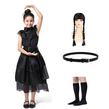 Barn Flickor Onsdag Addams Cosplay Set Halloween Carnival Klänning/peruker d XXL