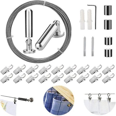 5 meter sæt af vægmonterede gardinstænger til kunstdisplay, rustfrit stål til ophængning af billeder, tøjline, vinduestråd, multifunktionel 