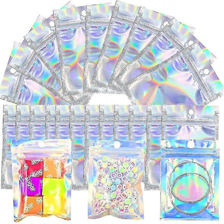 100 stk Holografisk Emballasjepose Liten Gavepose Mylar Pose Glidelås Lås Lukt