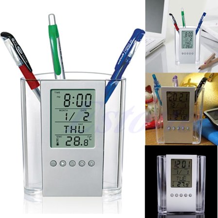 LCD Digital Väckarklocka Skrivbord Penna Pennhållare Organizer Termometer Kalender