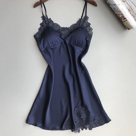 Seksikäs naisten alusasu silkkinen pitsimekko, Babydoll-yöpaita, laivastonsininen koko M