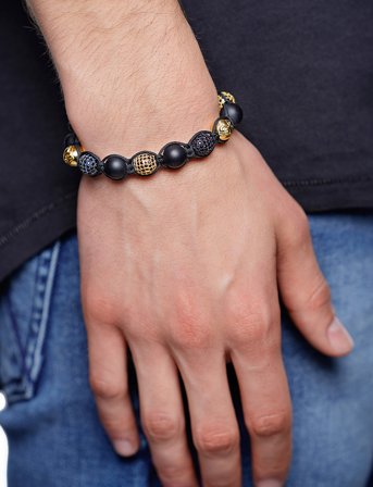 Nialaya Men's Beaded Bracelet With Matte Onyx And Black/Gold Cz Diam - Gold - L 18 cm