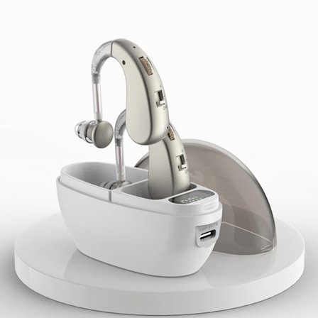 Høreapparater for seniorer Hørselforbedrende headset med ladeetui