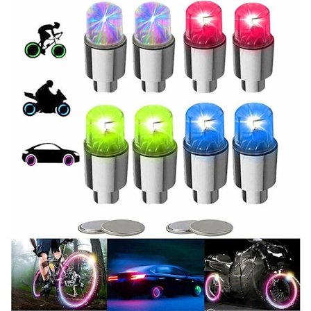 8 Pak Motorcykel Cykelhjul Lys Ventilstøvkapper Bil LED Cykellygter Bjerg til Børn Mænd Kvinder med 10 Batterier (Multi-Farve)