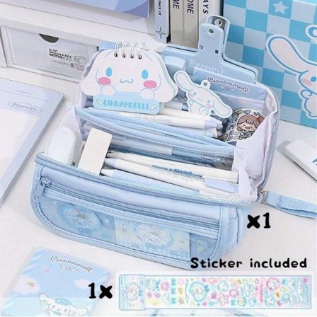 7-delt skrivesett 9-lags blyantveske med stor kapasitet - søtt design, oppbevaringsveske for skrivesaker i kanvas for studenter