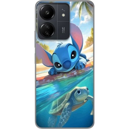 Yhteensopiva Puhelinkuori Xiaomi Redmi 13C Stitch kilpikonnalla - söpö sininen avaruusolento trooppisessa rantaympäristössä Disneyn tapaan