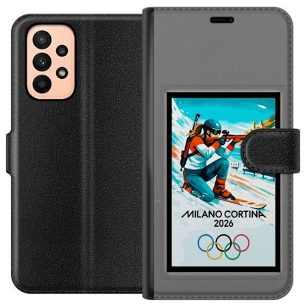 Kompatibelt Lommeboketui til Samsung Galaxy A23 Retroplakat Cortina Milano 2026 med fjell, vintersportsutøvere, italienske trikolor, Milano-katedralen