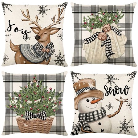 Set med 4 julkuddfodral, grå, trädgårdsdekoration, God Jul bomullslinne kuddfodral, 45 x 45 cm