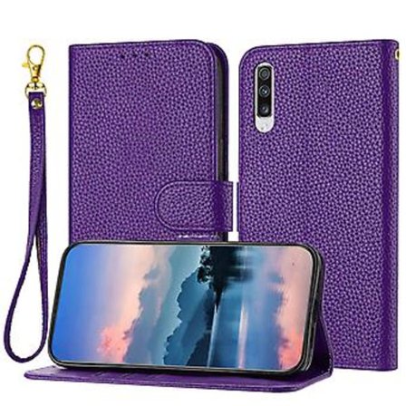 Til Samsung Galaxy A50 /A50S /A30S Etui, Litchi Korn PU Læder Folio Cover Magnetisk Lukning Flip Wallet Kort Slots Stand Etui Med Håndrem, Brun
